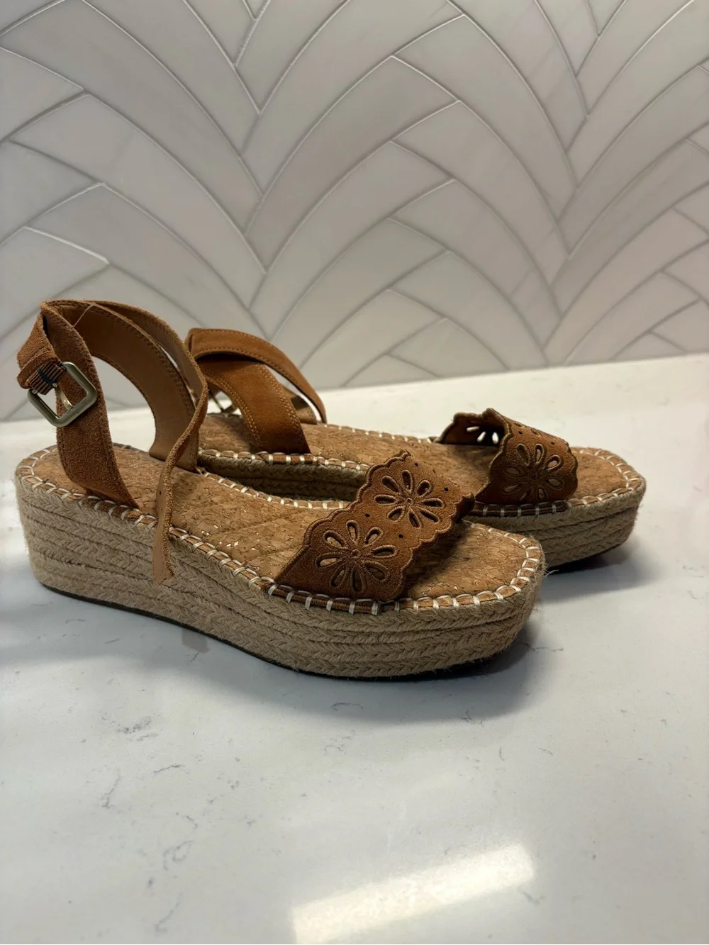 Crown Vintage Tan Suede Floral Cutout Espadrille Wedge Sandals